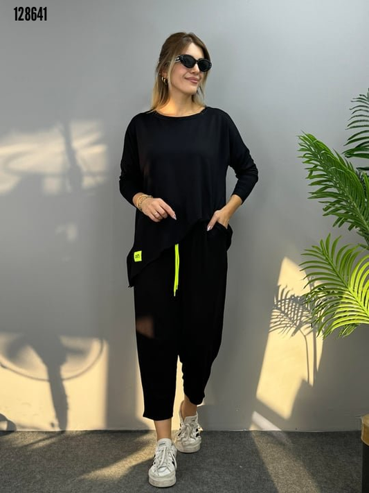 Kadın iki iplik viskon pamuk kumaş arma detaylı ikili takım