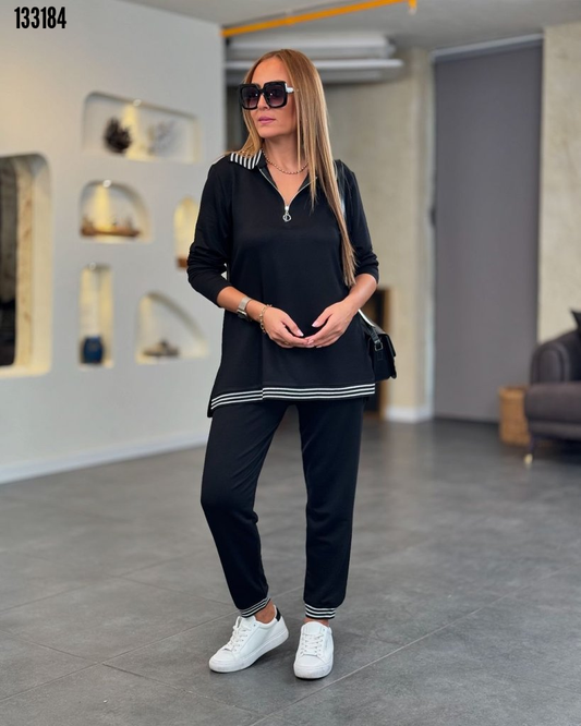 Kadın uzun kollu ribana ve fermuar detay bluz ve yüksel bel pantolon 2li takım