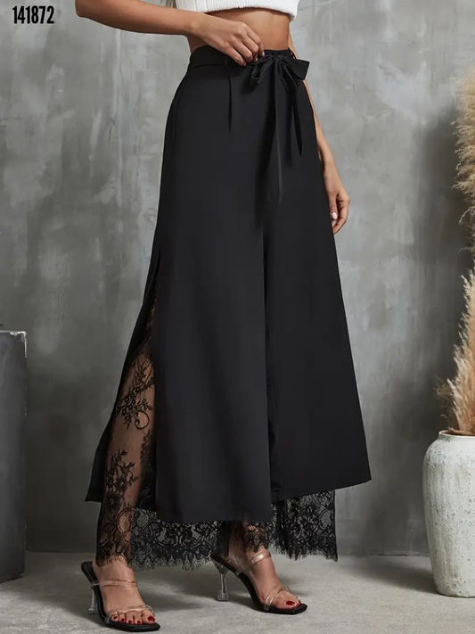 Harika Takım - Kadın yüksek bel belden kuşaklı üst dalgıç alt dantel detaylı dalgıç pantolon takım