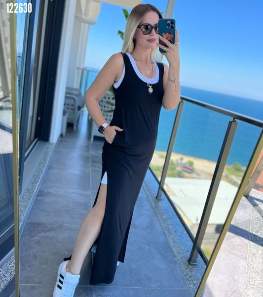 Kadın yırtmaç detaylı viskon kumaş maxi boy cepli iç dahil ikili elbise