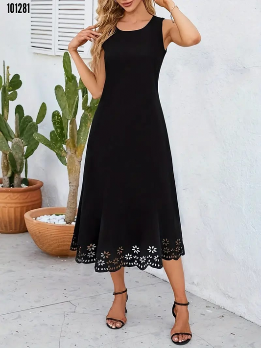Kadın kolsuz etek ucu lazer kesim çiçek desenli midi boy ithal krep elbise