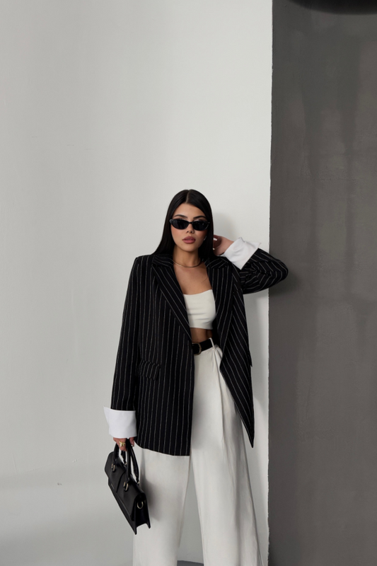 ÇİZGİLİ CEKET TEK DÜĞME EKRU MANŞET - Siyah