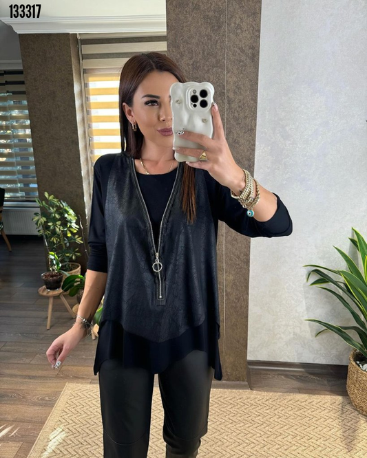 Kadın uzun kol asimetrik kesim viskon bluz ve çatlak deri görünümlü fermuar detaylı yelek ikili takım