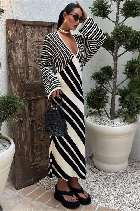 Verev Çizgi Kombinli V Yaka Elbise 2846