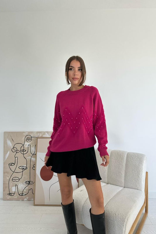 Fuşya Zikzak Boncuklu Triko Kazak