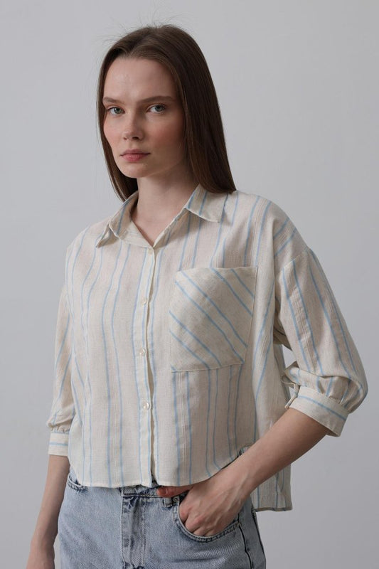 Çizgili Kısa Gömlek - Bej Mavi
