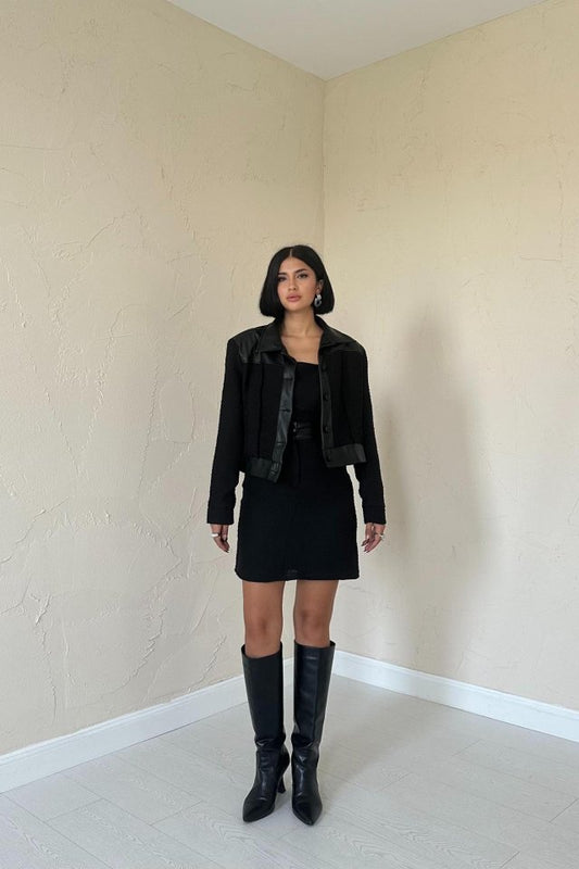 Siyah Üçlü Deri Garnili Ceket Ve Pantolon Takım