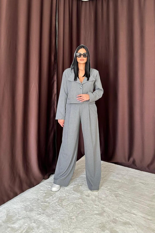 Gri Çizgili Kapüşonlu Ceket