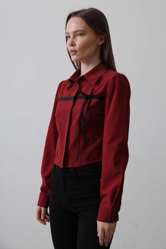 Önü Kontrast Fiyonklu Gömlek - Bordo