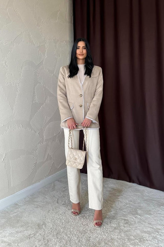 Bej Çizgili Astarlı Garnili Süet Ceket