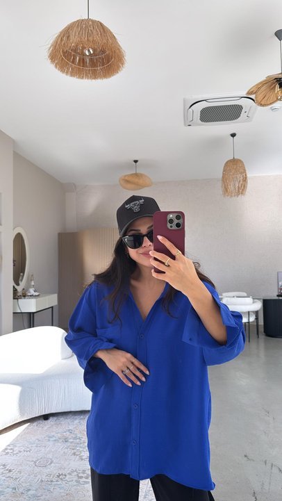 Kadın Flamlı Keten Tek Cep Oversızed Gömlek