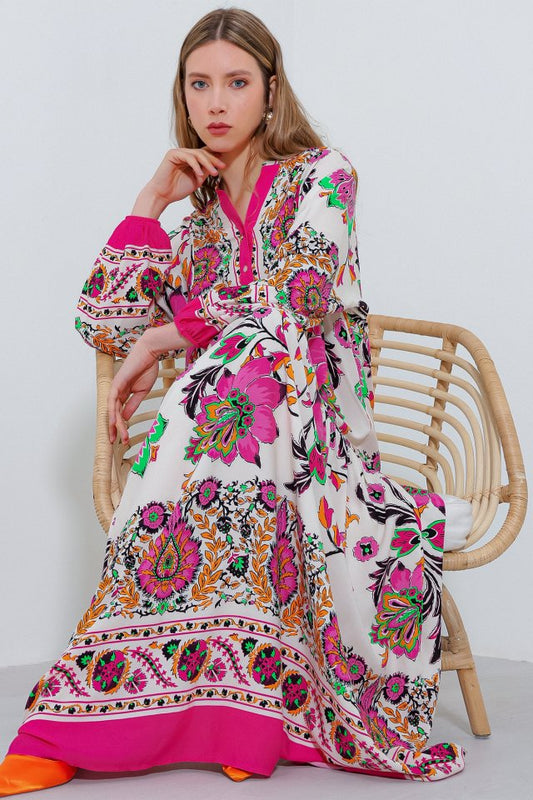 Fuşya Krem Desenli Viskon Tesettür Elbise 2423