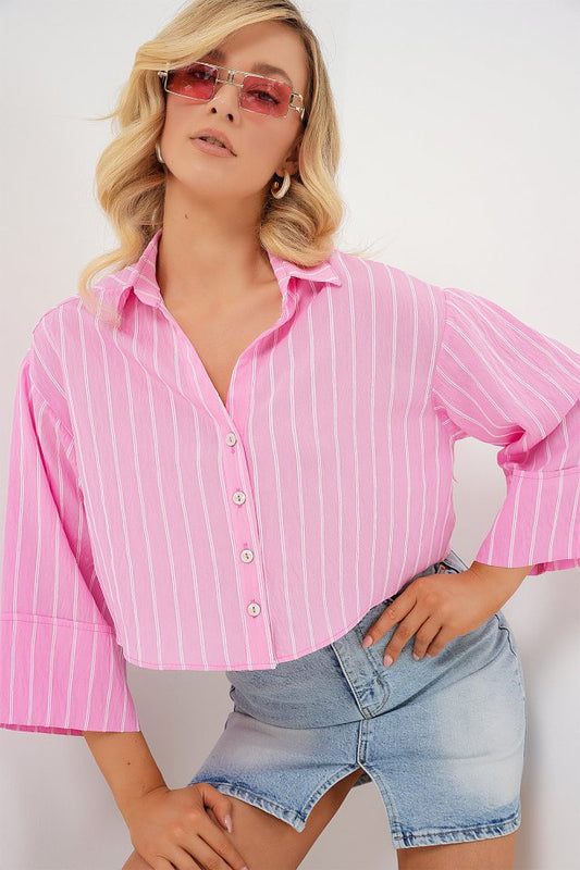 Çizgili Oversize Kısa Gömlek 20326 - Pembe