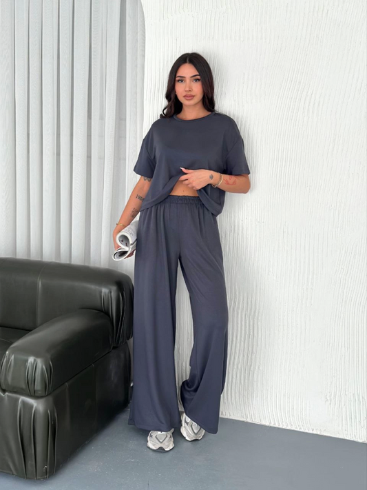 Osy Modal Yumuşak Dokulu Kumaş Bisiklet Yaka T-shirt Bol Paça Pantalon Ikili Takım -Antrasit
