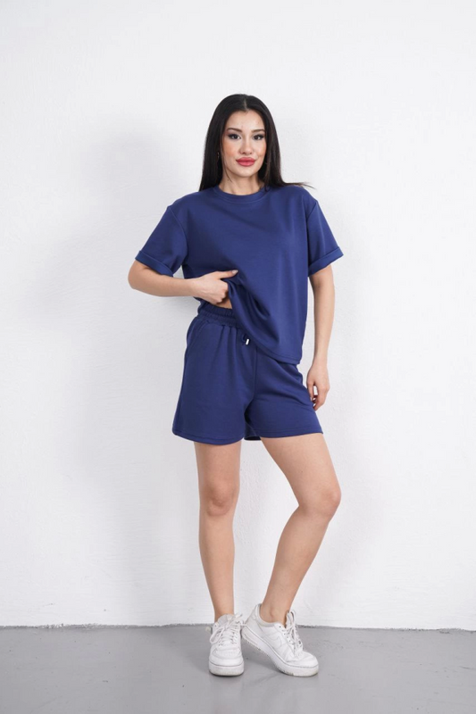 Osy Modal Yumuşak Dokulu Kumaş Bisiklet Yaka T-shirt Kısa Şort İkili Takım - Mavi