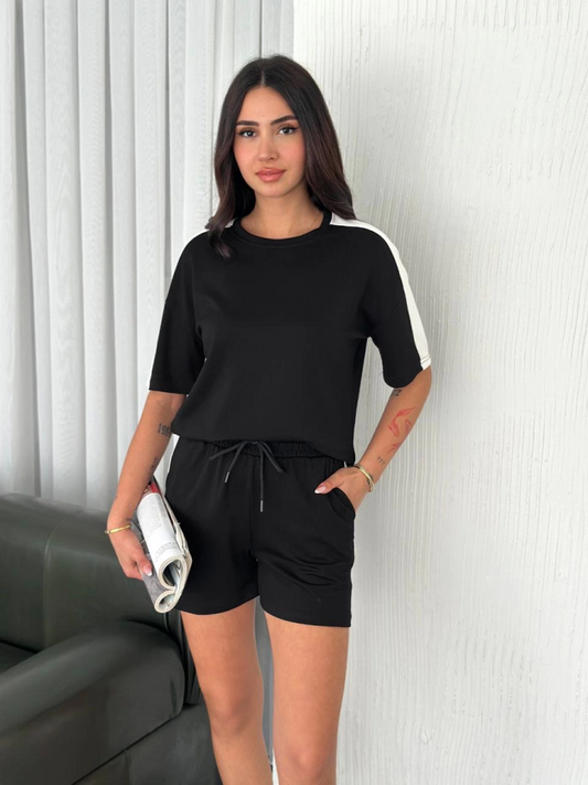 Osy Modal Yumuşak Dokulu Kumaş Parçalı Bisiklet Yaka T-shirt Kısa Şort İkili Takım - Siyah