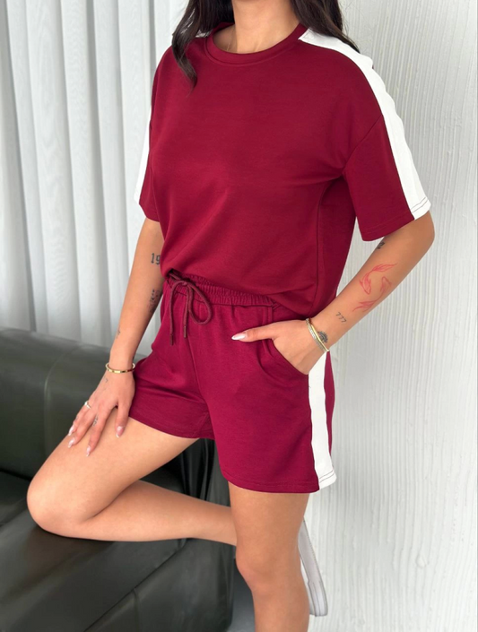 Osy Modal Yumuşak Dokulu Kumaş Parçalı Bisiklet Yaka T-shirt Kısa Şort İkili Takım - Bordo