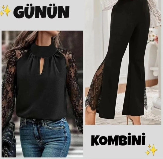 💟 YENİ SEZON HARİKA KOMBİNİMİZ STOKTA 💟 Kadın uzun kollu göğüs pencere detay yaka boğazlı kolları tüllü sandy bluz 💟Kadın dantel eklemeli ispanyol paça scuba tayt pantalon
