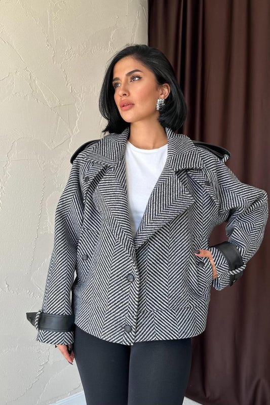 Gri Çizgili Deri Garnili Ceket