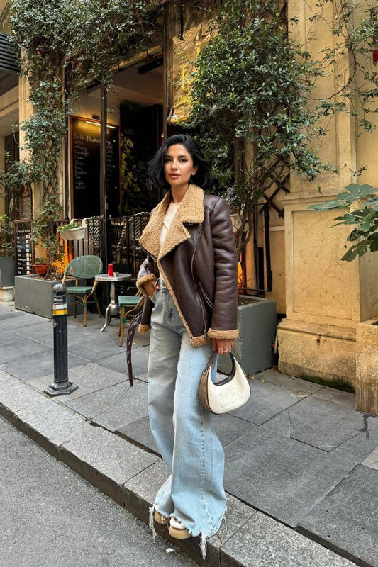 Kahverengi Apoletli Kürklü Ceket