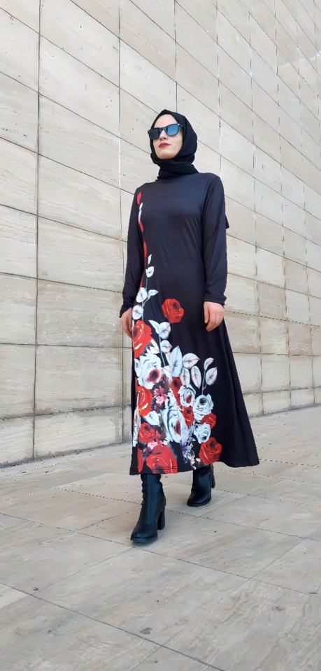 Kadın Uzun Kollu çiçek Baskılı Midi Mikro Elbise