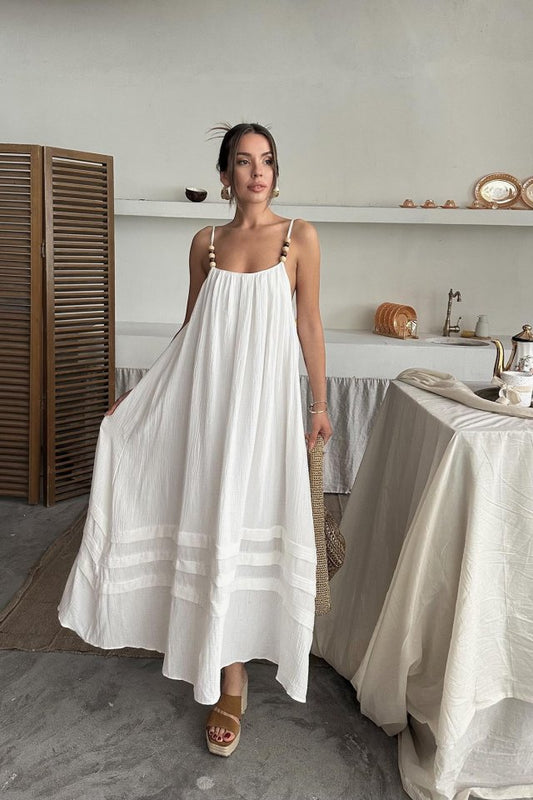 Ekru Askılı Müslin Elbise