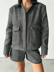 BALIKSIRTI KAŞE FERMUARLI CEKET KISA - Siyah