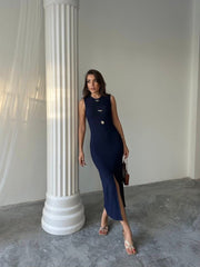 Kadın Bisiklet Yaka Broş Detay Yırtmaçlı Maxi Boy Ottoman Elbise