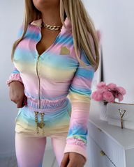 Kadın Uzun Kollu Askılı Yuvarlak Yakalı Krop Bluz, Uzun Kollu önden Fermuarlı Ceket Ve Pantolon Dalgıç üçlü Takım