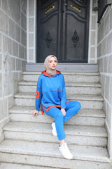 Kadın Indigo Kapşonlu Etek Ucu Detay Arma Ters Dikiş Gorunumlu Ikili Takım