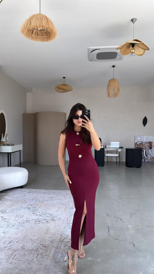 Kadın Bisiklet Yaka Broş Detay Yırtmaçlı Maxi Boy Ottoman Elbise