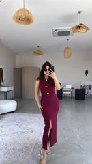 Kadın Bisiklet Yaka Broş Detay Yırtmaçlı Maxi Boy Ottoman Elbise