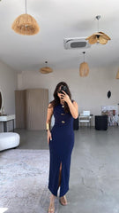 Kadın Bisiklet Yaka Broş Detay Yırtmaçlı Maxi Boy Ottoman Elbise