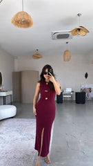 Kadın Bisiklet Yaka Broş Detay Yırtmaçlı Maxi Boy Ottoman Elbise