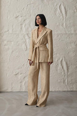 Sarı Beli Kuşaklı Ceket Ve Pantolon Parlak Takım