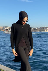 Kadın Uzun Kollu Bisiklet Yakalı önden çapraz Kesim Detaylı Midi Triko Elbise