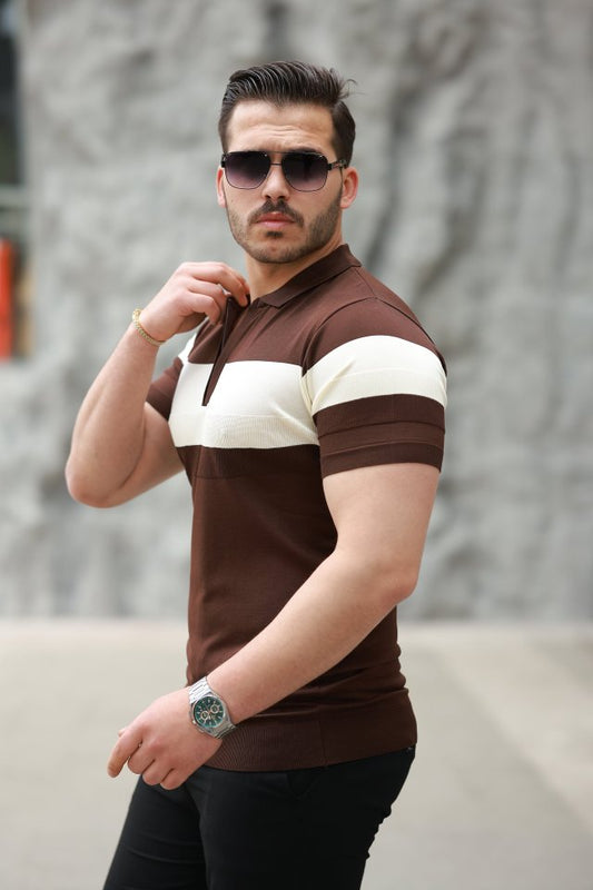 Erkek Fermuar Yakalı şerit Renk Desenli Kısa Kollu Tişört