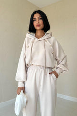 Bej Kapüşonlu Sweatshirt Ve Kargo Pantolon Takım
