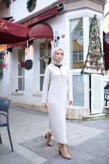 Kadın Uzun Kollu Kapşonlu Bağcıklı şardonlu Kaşkorse Uzun Elbise