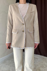 Bej Çizgili Astarlı Garnili Süet Ceket