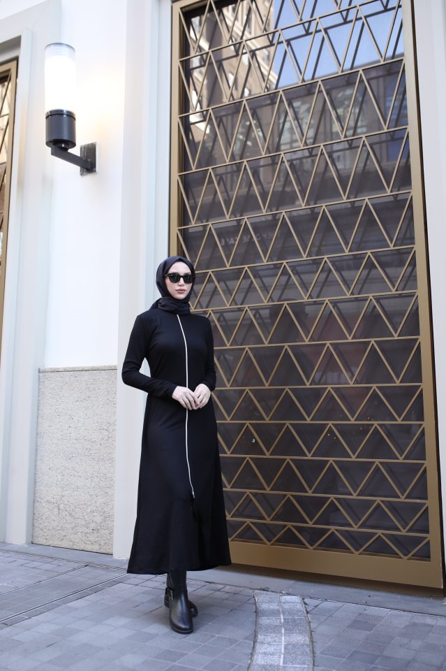 Kadın Uzun Kollu önden Fermuarlı Ithal Krep Elbise