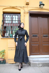 Kadın Uzun Kollu Eteği Fırfırlı Beli Kuşaklı Trikoton Tam Boy Gömlek Elbise