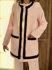 Pembe Siyah Şeritli Yakasız Ceket Ve Pantolon Takım