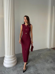 Kadın Bisiklet Yaka Broş Detay Yırtmaçlı Maxi Boy Ottoman Elbise