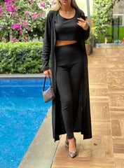 Kadın Yuvarlak Yaka Askılı Krop Bluz Yüksek Bel Tayt Ve Uzun Hırka şardonlu Kaşkorse üçlü Takım