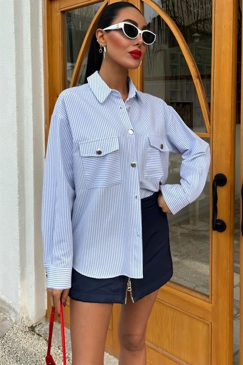 Çizgili Gofre Kumaş Metal Düğmeli Gömlek 3460
