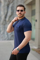 Erkek Cepli Kolyeli Kısa Kollu örme Kumaş T-shirt