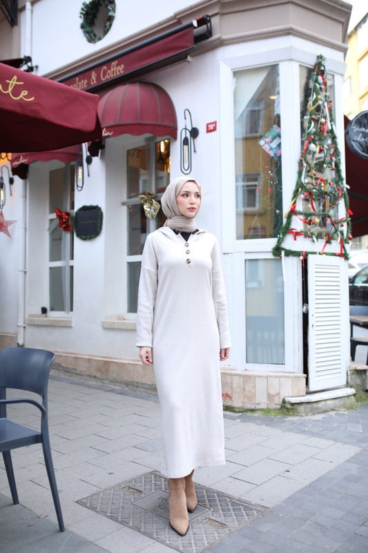 Kadın Uzun Kollu Kapşonlu Bağcıklı şardonlu Kaşkorse Uzun Elbise
