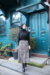 Kadın Yüksek Bel Leopar Desenli Midi Krep Etek