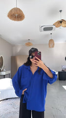 Kadın Flamlı Keten Tek Cep Oversızed Gömlek